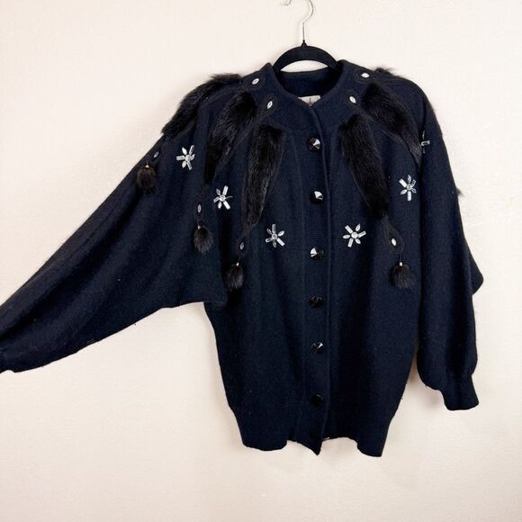 Vintage Rockabilly Retro Black Wool Fur Sweater Cardigan Beaded Size Large - Picture 4 of 9